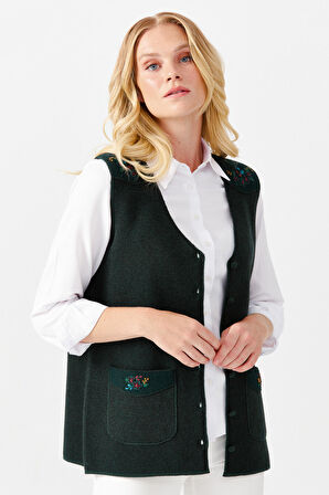 Kadın V Yaka Omuzu Cep Kapağı Keçeli İşlemeli Düğmeli Yelek Yeşil