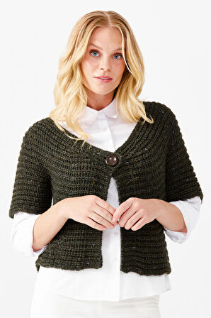 Kadın V Yaka Tek Düğmeli Kısa Yelek Yeşil