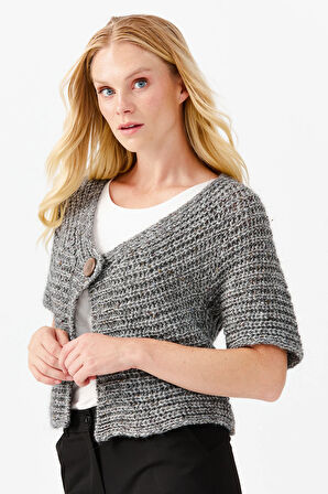 Kadın V Yaka Tek Düğmeli Kısa Yelek O.Füme