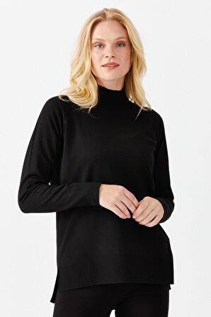 Kadın Yarım Balıkçı Yaka Yanları Yırtmaçlı Kazak Siyah