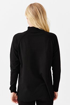 Kadın Yarım Balıkçı Yaka Yanları Yırtmaçlı Kazak Siyah