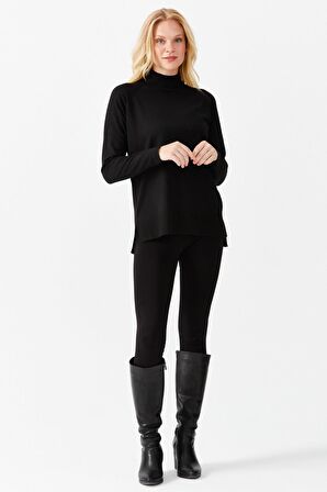 Kadın Yarım Balıkçı Yaka Yanları Yırtmaçlı Kazak Siyah