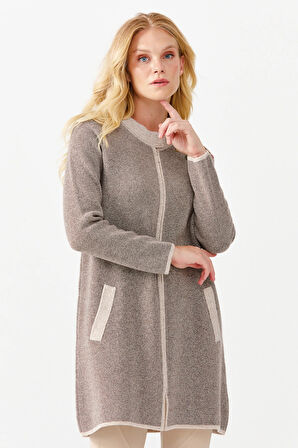 Kadın Dik Yaka Omuzu Nakış İşlemeli Uzun Hırka V.Bej