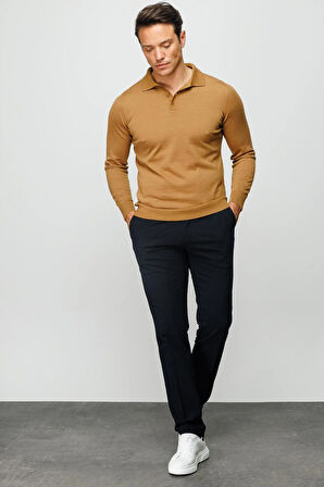 Erkek Basic Polo Yaka İnce Triko Kazak Camel