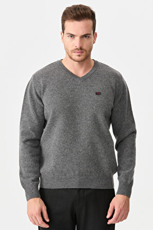 Erkek V Yaka Klasik Yün Kazak O.Füme