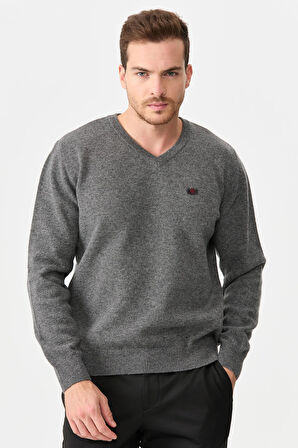 Erkek V Yaka Klasik Yün Kazak O.Füme