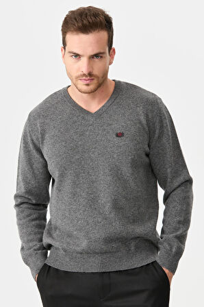 Erkek V Yaka Klasik Yün Kazak O.Füme