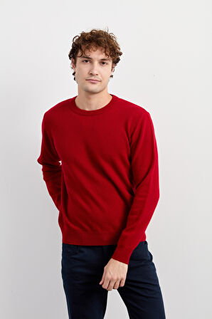 Erkek Sıfır Yaka Klasik Yün Kazak K.Kırmızı