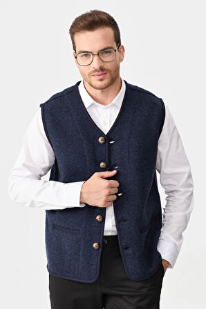 Erkek V Yaka Keçe Aksesuarlı Pike Dokuma Yün Yelek K.Lacivert