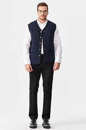 Erkek V Yaka Keçe Aksesuarlı Pike Dokuma Yün Yelek K.Lacivert