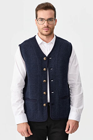 Erkek V Yaka Keçe Aksesuarlı Pike Dokuma Yün Yelek K.Lacivert