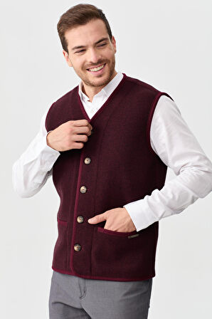 Erkek V Yaka Keçe Aksesuarlı Pike Dokuma Yün Yelek Bordo