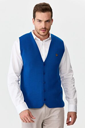 Erkek İnce Triko Düz Yelek Saks Mavi