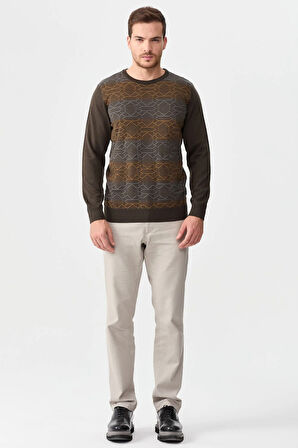 Erkek Önü Desenli Yün Kazak D.Kahve