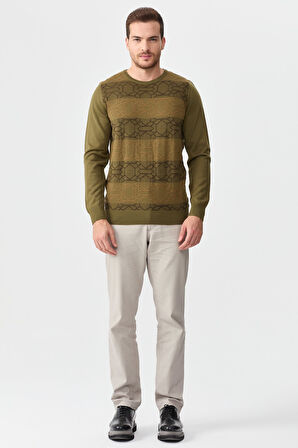 Erkek Önü Desenli Yün Kazak A.Haki