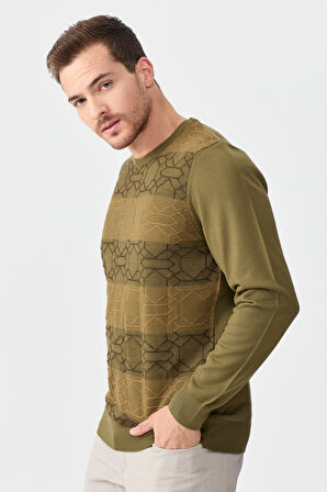 Erkek Önü Desenli Yün Kazak A.Haki