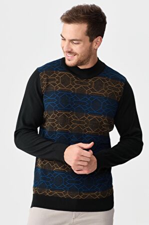 Erkek Yarım Balıkçı Yaka Önü Desenli Kazak Siyah