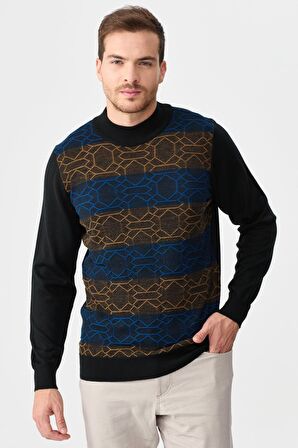 Erkek Yarım Balıkçı Yaka Önü Desenli Kazak Siyah