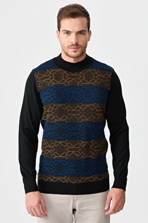 Erkek Yarım Balıkçı Yaka Önü Desenli Kazak Siyah