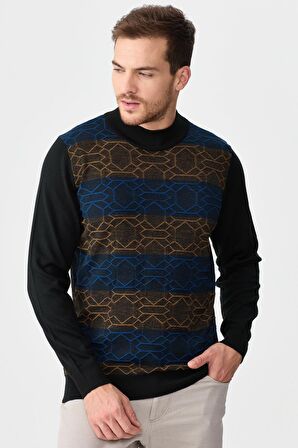 Erkek Yarım Balıkçı Yaka Önü Desenli Kazak Siyah