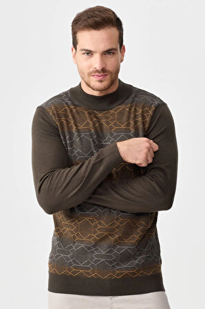 Erkek Yarım Balıkçı Yaka Önü Desenli Kazak D.Kahve