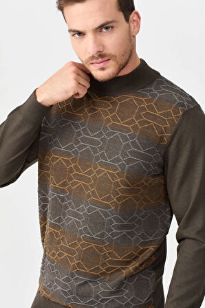 Erkek Yarım Balıkçı Yaka Önü Desenli Kazak D.Kahve