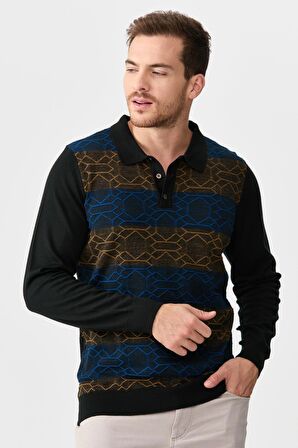 Erkek Polo Yaka Önü Desenli Kazak Siyah