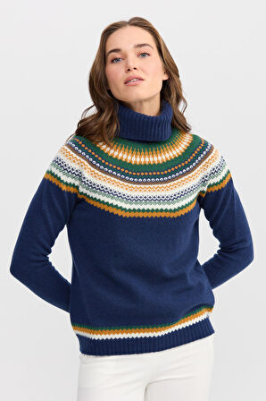 Kadın Tam Balıkçı Yaka Yün Kazak İndigo