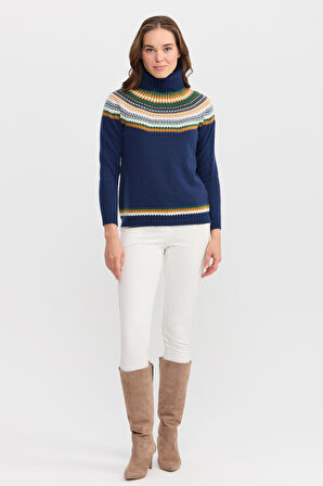 Kadın Tam Balıkçı Yaka Yün Kazak İndigo