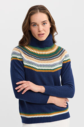 Kadın Tam Balıkçı Yaka Yün Kazak İndigo