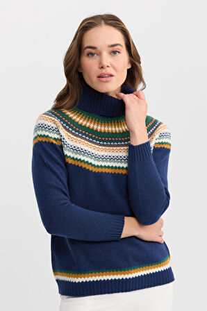 Kadın Tam Balıkçı Yaka Yün Kazak İndigo