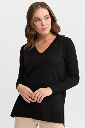 Kadın V Yaka Önü Arkası Yırtmaçlı Kazak Siyah