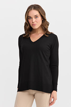 Kadın V Yaka Önü Arkası Yırtmaçlı Kazak Siyah