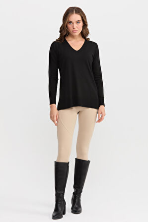 Kadın V Yaka Önü Arkası Yırtmaçlı Kazak Siyah