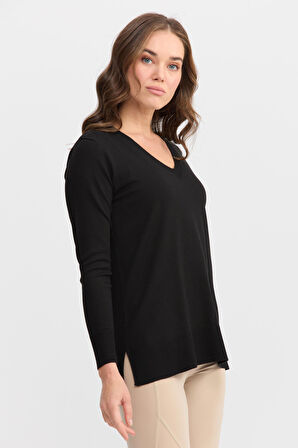 Kadın V Yaka Önü Arkası Yırtmaçlı Kazak Siyah