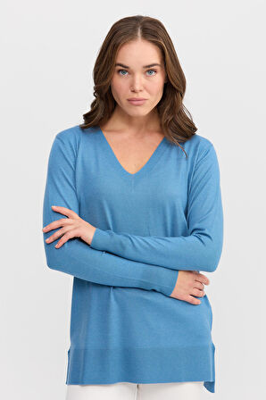 Kadın V Yaka Önü Arkası Yırtmaçlı Kazak Mavi