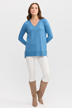 Kadın V Yaka Önü Arkası Yırtmaçlı Kazak Mavi