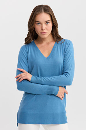 Kadın V Yaka Önü Arkası Yırtmaçlı Kazak Mavi