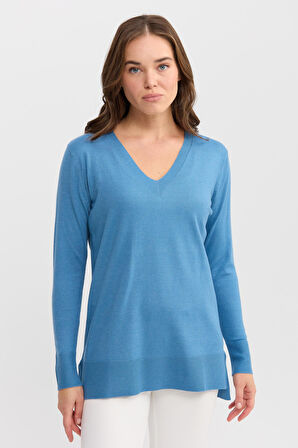 Kadın V Yaka Önü Arkası Yırtmaçlı Kazak Mavi