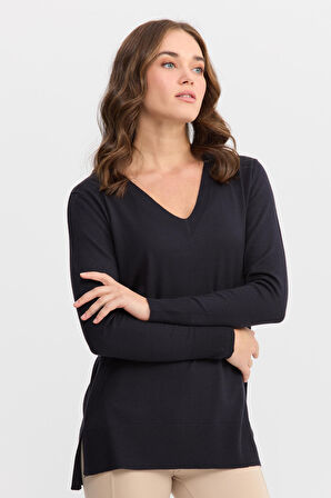 Kadın V Yaka Önü Arkası Yırtmaçlı Kazak Lacivert