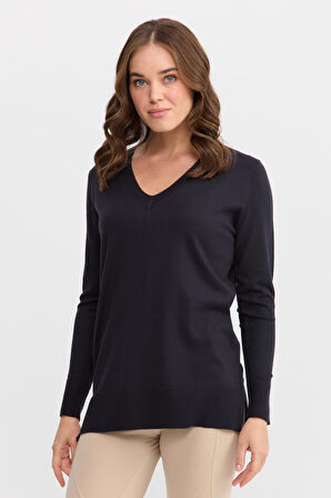 Kadın V Yaka Önü Arkası Yırtmaçlı Kazak Lacivert