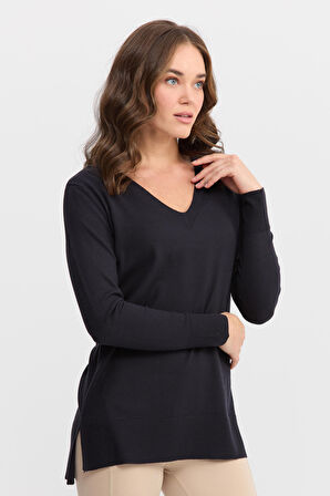 Kadın V Yaka Önü Arkası Yırtmaçlı Kazak Lacivert