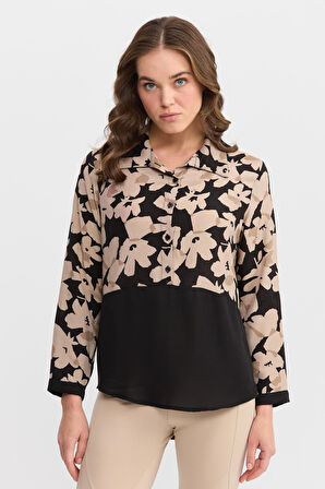 Kadın İki Renkli Çiçekli Gömlek Siyah