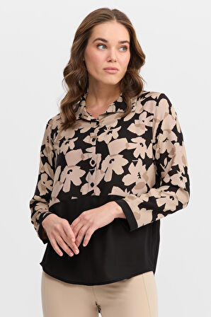 Kadın İki Renkli Çiçekli Gömlek Siyah