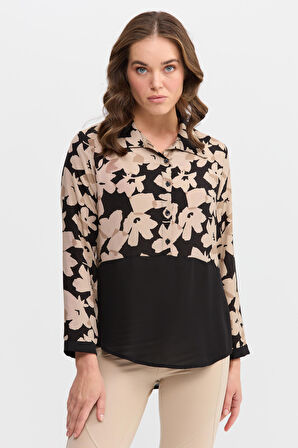 Kadın İki Renkli Çiçekli Gömlek Siyah