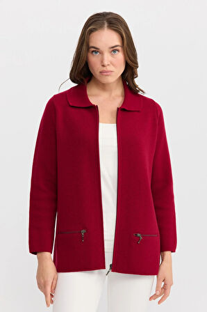 Kadın Polo Yaka Cebi Fermuarlı Yün Hırka V.Çürüğü