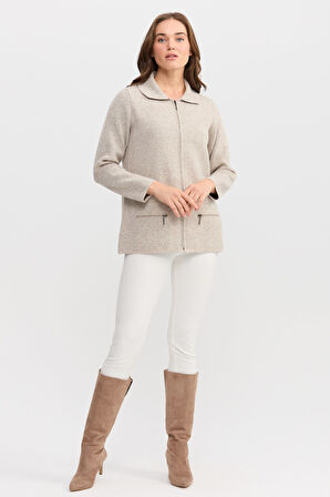 Kadın Polo Yaka Cebi Fermuarlı Yün Hırka V.Bej