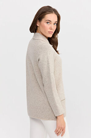 Kadın Polo Yaka Cebi Fermuarlı Yün Hırka V.Bej