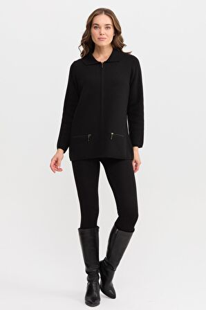 Kadın Polo Yaka Cebi Fermuarlı Yün Hırka Siyah