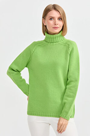 Kadın Tam Balıkçı Yaka Omuzu Saç Örgülü Yün Kazak A.E.Yeşili
